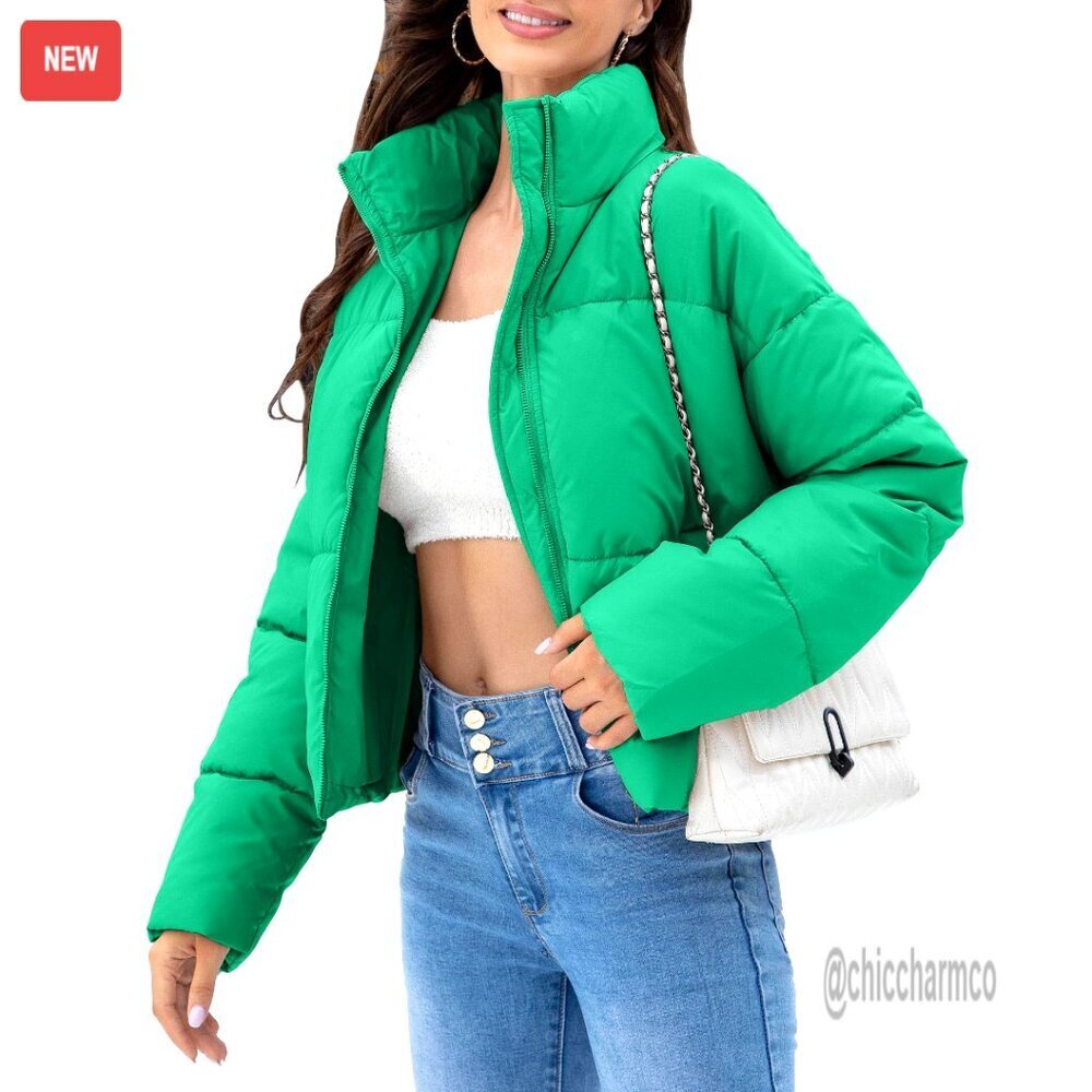 Cropped Quilted Puffer Jacket Winter Outerwear Full Zipper Padded Coat